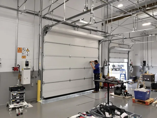 Commercial garage door repair being performed by South Whittier Garage Door Repair expert in South Whittier