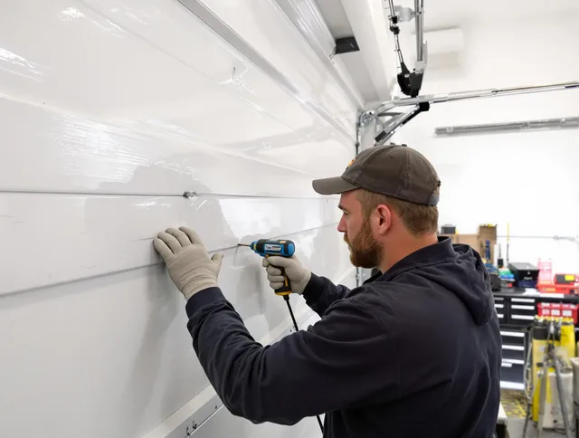 South Whittier Garage Door Repair technician demonstrating precision dent removal techniques on a South Whittier garage door