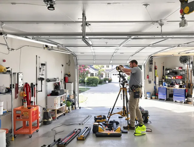 South Whittier Garage Door Repair specialist performing laser-guided track alignment in South Whittier